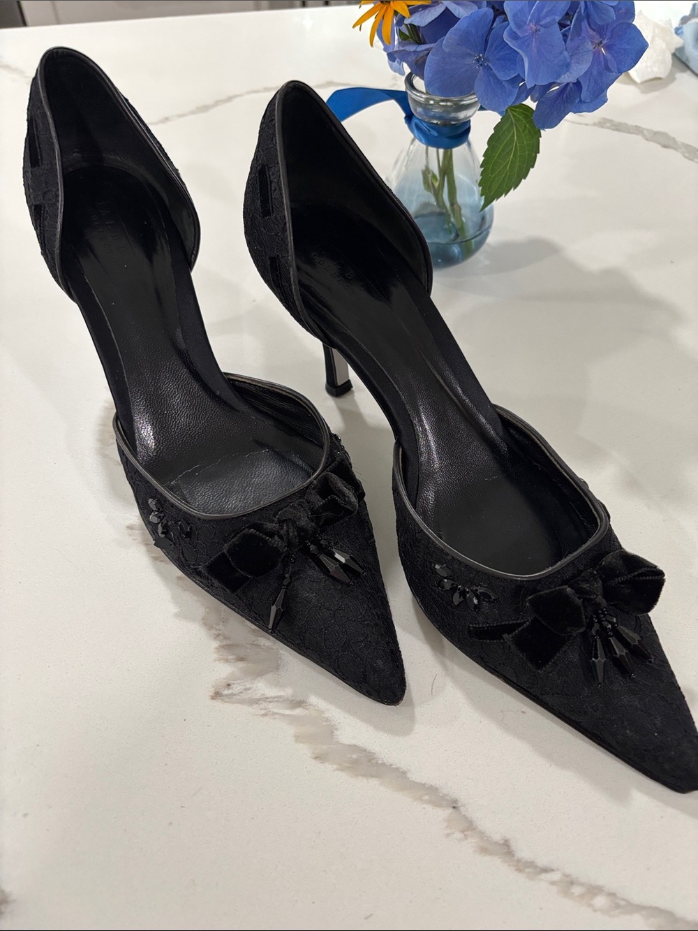 Talbots Black Pointed D'Orsay Heels with Bow Embellishment